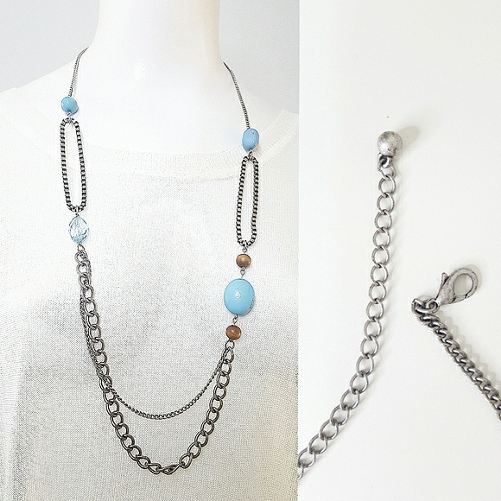 Blue Beaded 💙Silver Tone Layered Long Chain Necklace